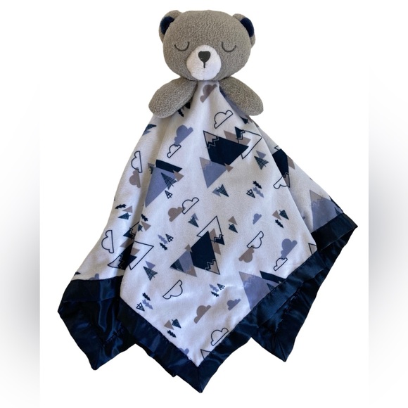 Just Born Bear Lovey Blanket Mountains Clouds Gray White Blue Satin Large 24" - Picture 1 of 7